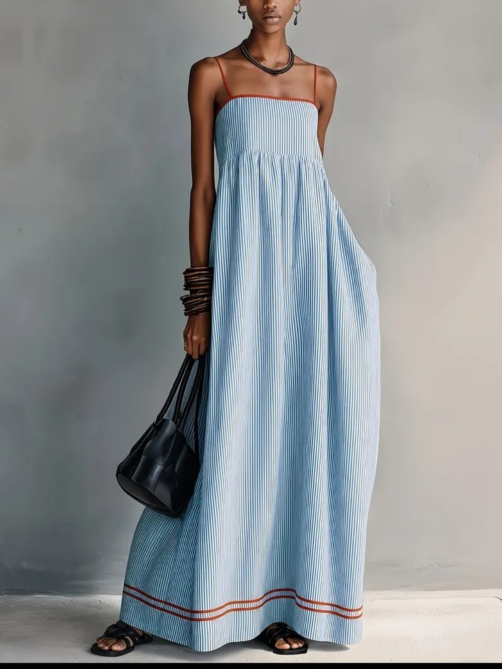 Light Blue Striped Maxi Dress with Rust Contrast Trim